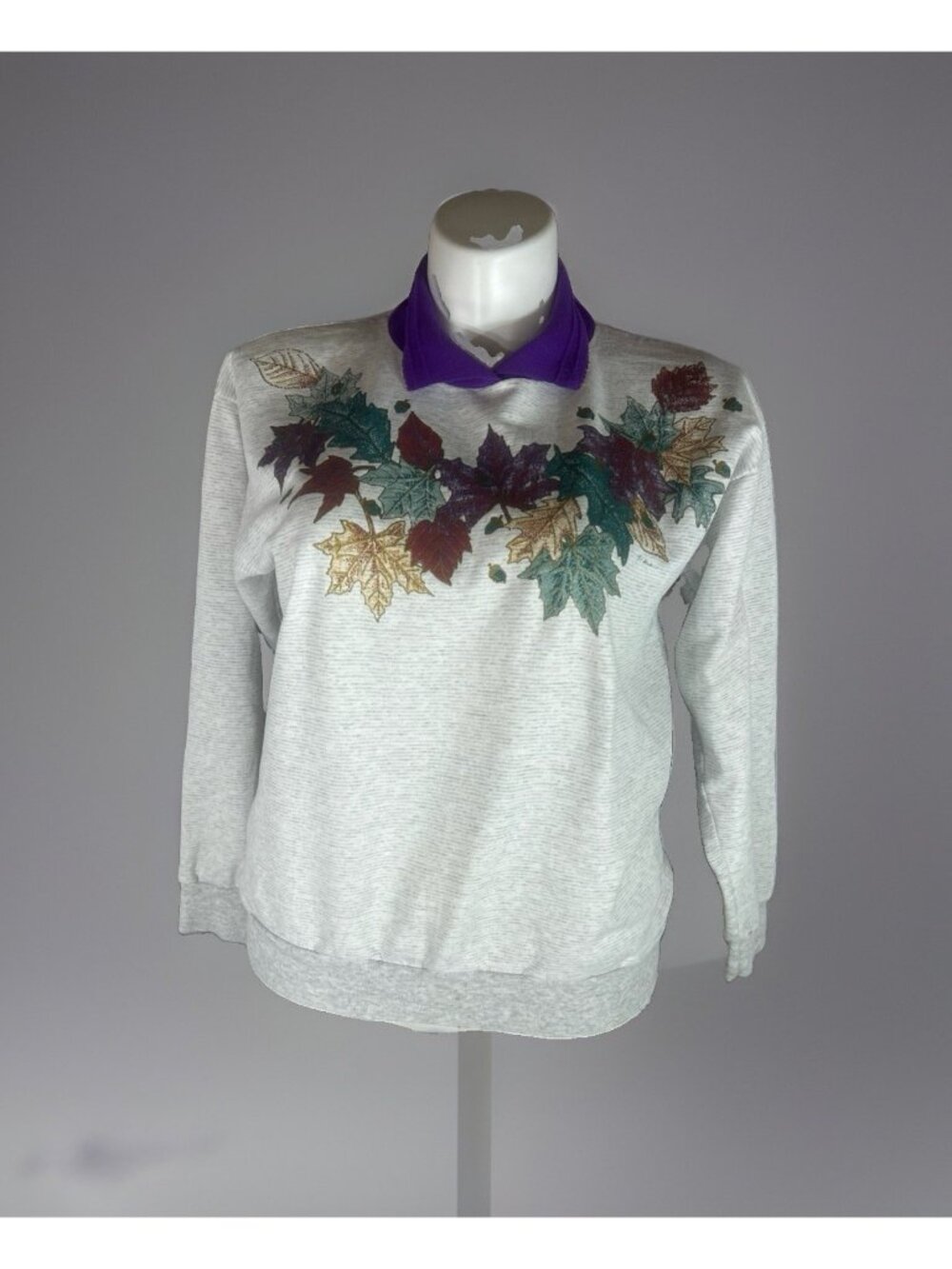 Vintage Fall Autumn Mock 2 Collar Gray Sweatshirt Women's Size Large Leaf Design